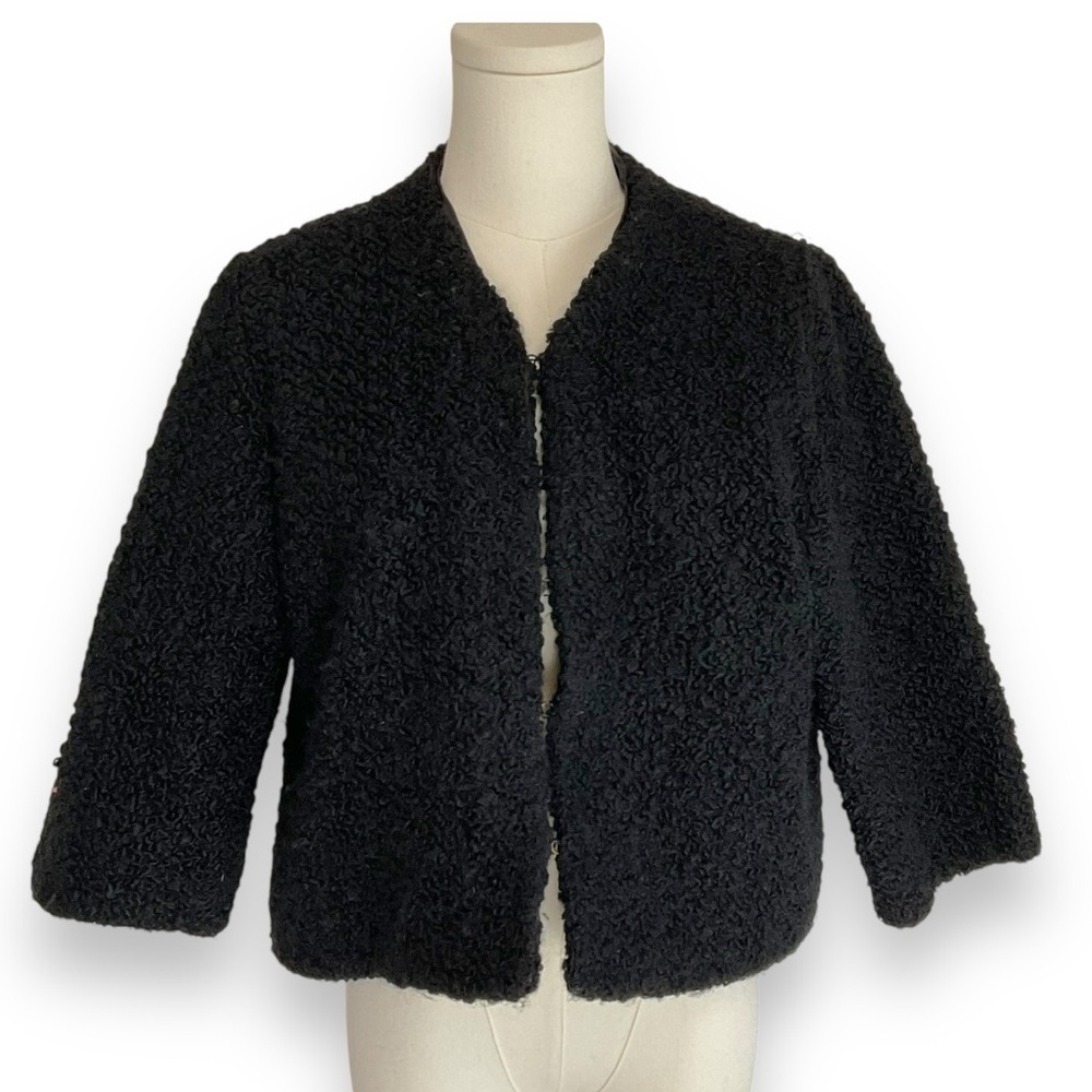 Vintage 50s Jacket Boucl Black Persian Lambs Wool Crop Bolero Poodle Medium